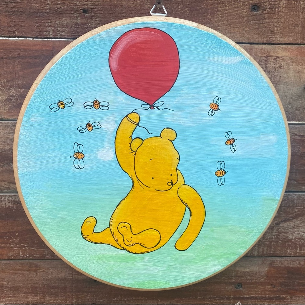 Hand Painted Acrylic Winnie The Pooh Flying Through the Sky Baby Shower, Disney